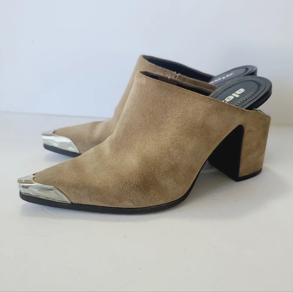 Alexander Wang Su Calf Taupe Suede Pointed Toe Mule with Silver Cap Heel Size 36 - Picture 2 of 8